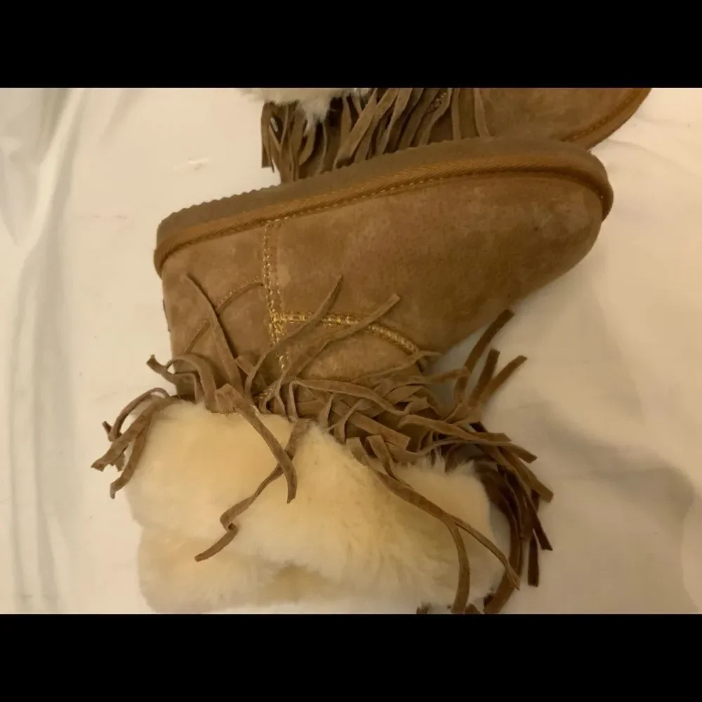 LAM Girls Brown Boots Frill Tassels Faux Fur Size 2 Y Suede Leather Booties